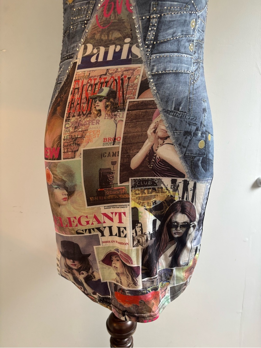 Sleeveless Mini Dress with Faux Denim Vest & Magazine Print - Blue Multi - Picture 4 of 5